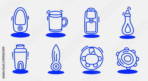 Collection of Hand Drawn Blue Outline Icons Representing Various Objects.