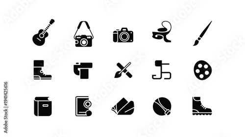 Vector illustration of various creative and recreational icons on white background