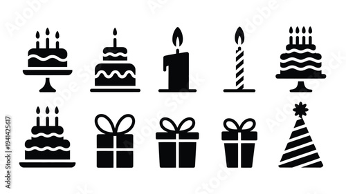 Black silhouette birthday icons set with cakes candles gifts and party hat on white background