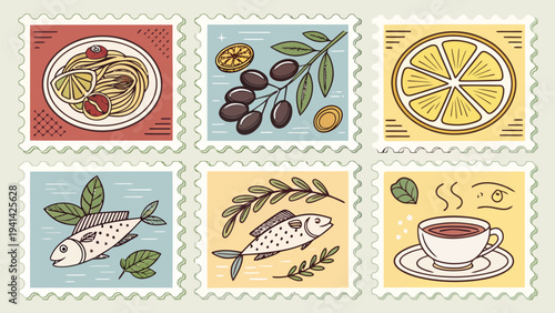 Mediterranean cuisine doodle stamps vector collection with food and drink icons pasta olives lemon fish and coffee cup illustrations