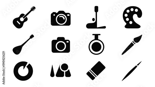 Bundle of hobby icons in black silhouette style for creative activities and leisure