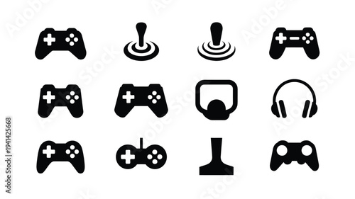 Gaming controllers and accessories icons set including joysticks headsets and gamepads on white background for digital design