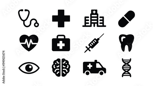 Medical icons set including stethoscope hospital pill heart rate syringe tooth eye brain ambulance dna healthcare symbols