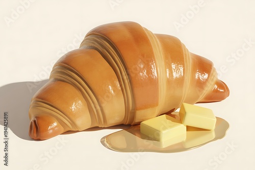 A shiny croissant with melted butter on a white background