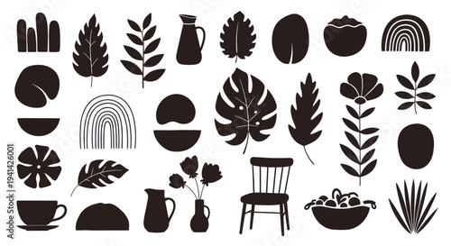 Collection of various black silhouette shapes including plants, abstract forms, and household items.