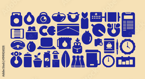Collection of various blue silhouette icons representing everyday objects and activities.