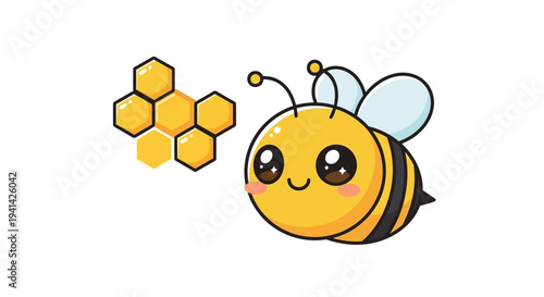 A cartoon bee with a honeycomb beside it depicted in a simple illustration style from a front viewpoint