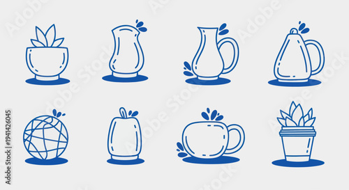 Collection of various ceramic pots and mugs with plant accents.