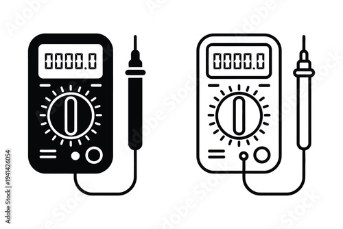 Cartoon electronic device tools illustration, analog and digital multimeter, voltmeter, measuring instruments with cables, electricity testing vector design