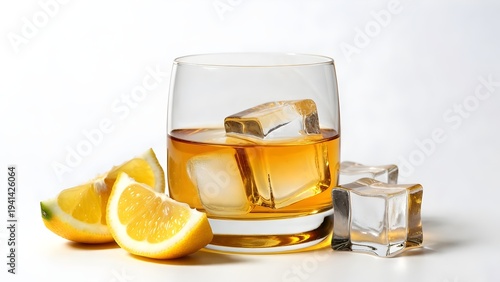 A refreshing composition featuring a glass of whiskey with ice cubes, and a few lemon slices, it's a visual treat to quench your thirst.
