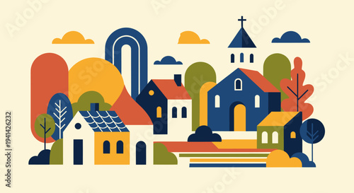 Colorful Abstract Townscape with Stylized Buildings and Nature Elements.