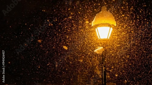 A snow-covered streetlamp illuminates falling snow against a dark night sky