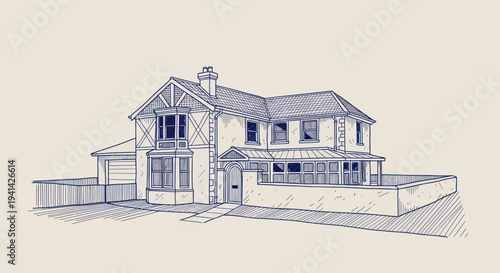 Detailed Ink Sketch of a Traditional Residential House.