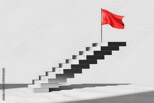 A red flag flying at the top of a staircase with white and black steps leading up to it