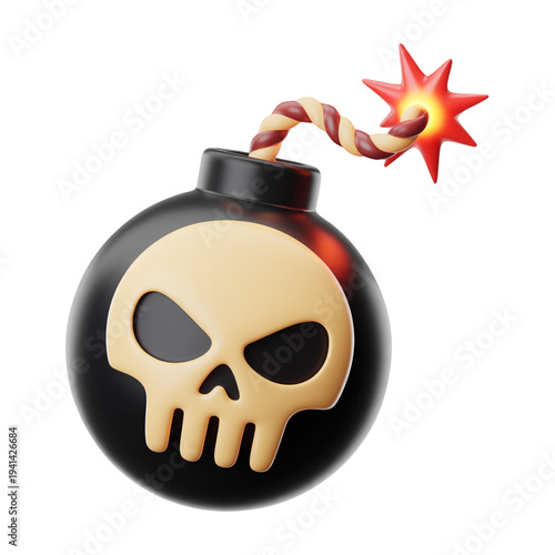 3D Cartoon Bomb with Skull Symbol and Lit Fuse Representing Danger or Explosive Warning