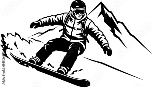 Snowboarder riding down slope with mountain silhouette