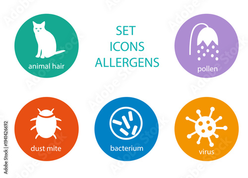 Set icons allergen. Allergen - animal, dust mite, pollen, virus, bacterium. allergens in colored circles on dark and white background.