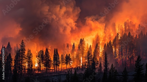 Forest fire burning with flames and smoke