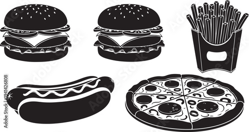 Fast Food Icons Set with Burgers, Pizza, Fries, Hotdog