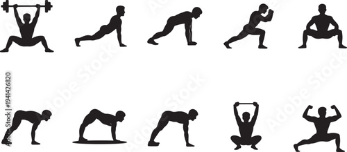 A collection of black silhouette icons depicting various exercise poses Vector