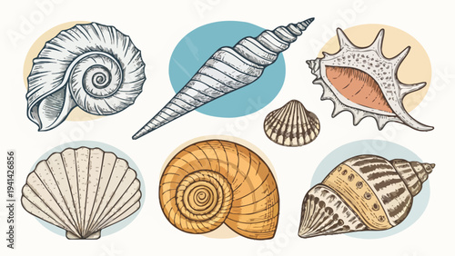 Marine life shell line art vector set showcasing various seashells on colorful backgrounds with detailed textures and patterns