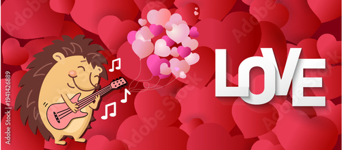 Brown hedgehog on guitar playing music.  love. Audio at the concert. Text design.  Installation.  card or banner Valentine day. Vector illustration - background. 