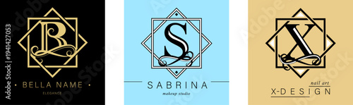 Logo B, S, capital letter X. Monogram of Botanical in two squares. with Organic Plant Elements. Vector design.