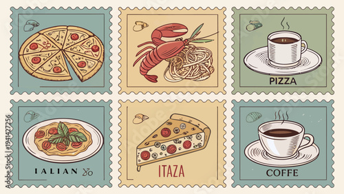 Italian restaurant menu illustrations vector stamps of food and drink pizza coffee seafood pasta italian cuisine restaurant icons menu