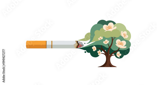 An illustration of a cigarette emitting smoke that transitions into a blooming tree with green leaves and peach blossoms on a white background.