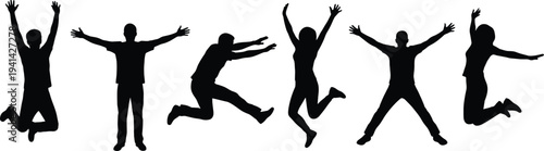 People jumping silhouettes set, happy men and women celebrating success, energetic action poses, freedom and joy concept illustration