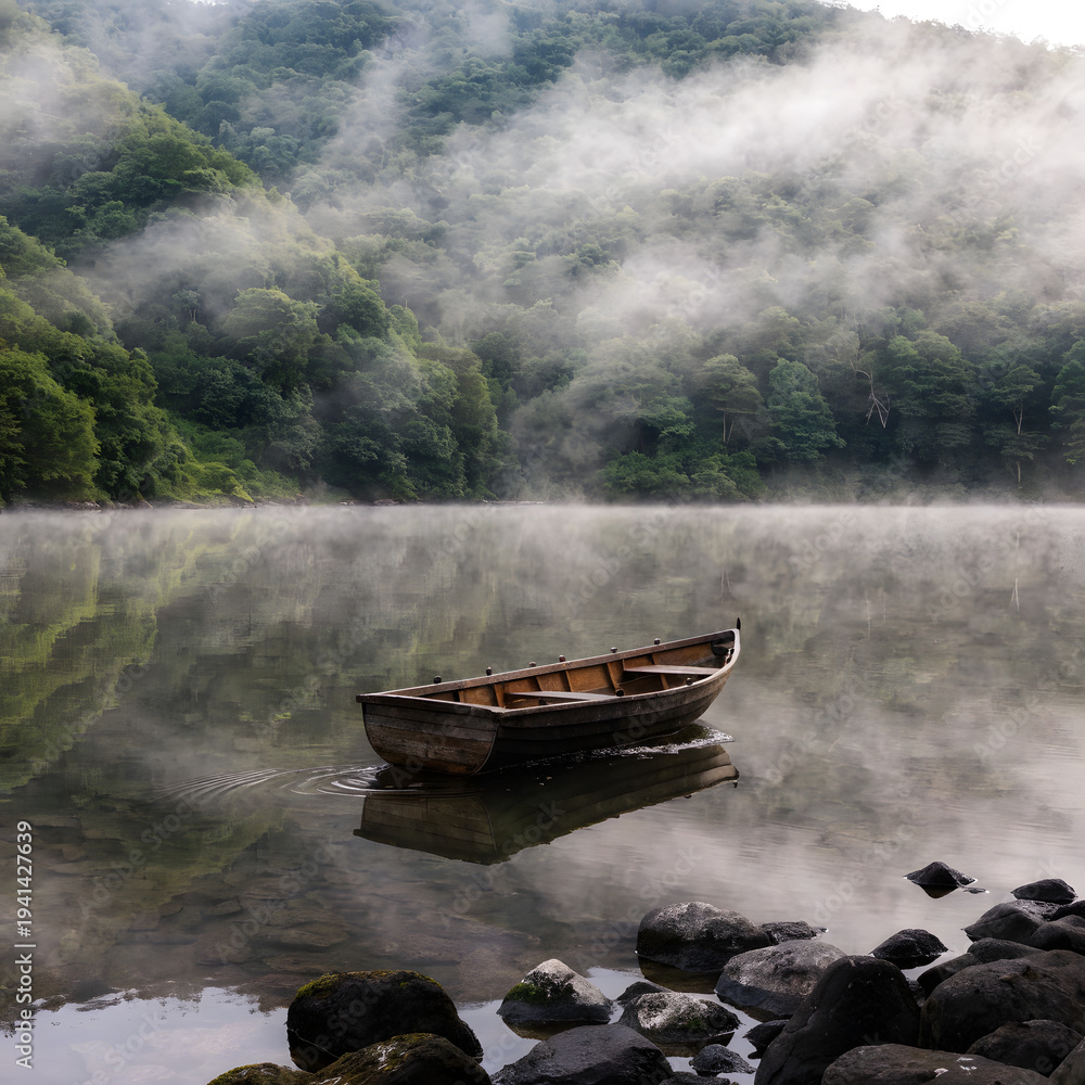 Fototapeta premium Boat on calm lake and river with nature landscape