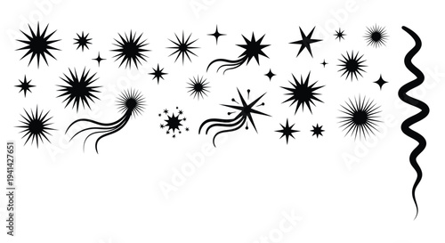 Black Starbursts and Swirls on White Background stars