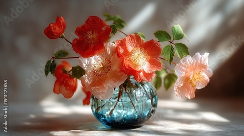Elegant Poppy Flowers in Blue Glass Vase with Soft Sunlight