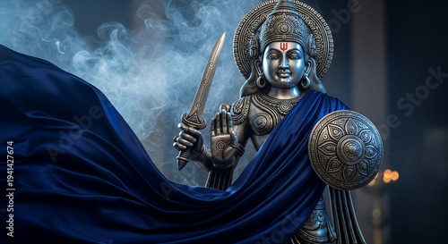 Shani Jayanti, A majestic iron statue of Lord Shani holding a sword and shield, intricate metal engravings, draped in deep navy blue silk fabric, soft bokeh of temple incense smoke in the background
