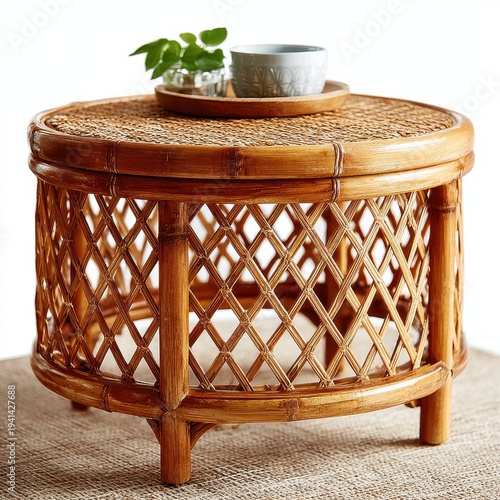 Woven Rattan Coffee Table with Cup and Plant on White Background