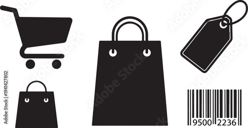 Shopping icons including bags, cart, and barcode label symbols
