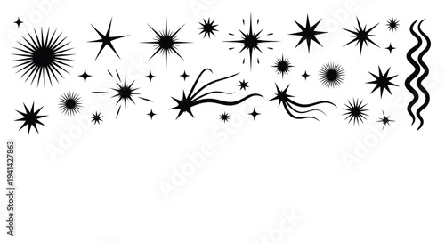 Assortment of Black Star and Sparkle Graphics Keywords: star, sparkle, burst, flash, shine