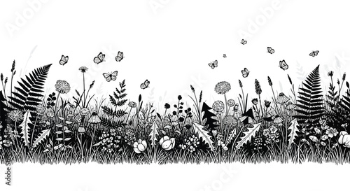 Black and White Wildflower Meadow Border with Butterflies
