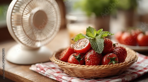 Fresh Strawberries and Tomatoes with Mint in Wicker Basket on Wooden Table