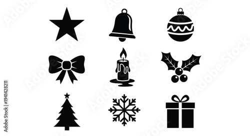 Black silhouette icons of Christmas and winter symbols on a white background