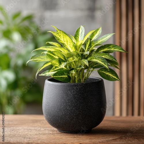 Aglaonema plant in a black pot on a wooden table, indoor gardening