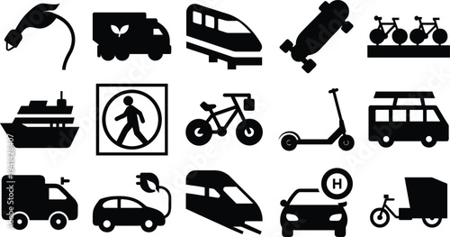 Eco-friendly transport icon. Electric car, green energy vehicle, public travel. Vector set