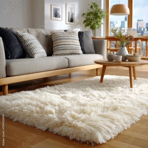 Cozy Living Room Interior with Fluffy Rug, Sofa, and City View