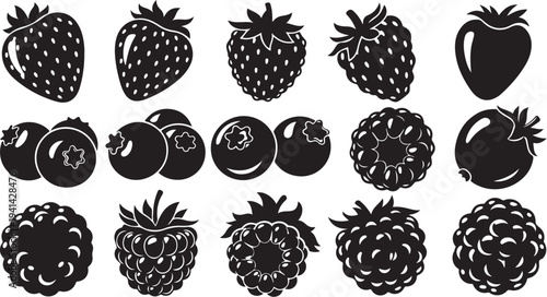 Collection of various berry icons in black and white