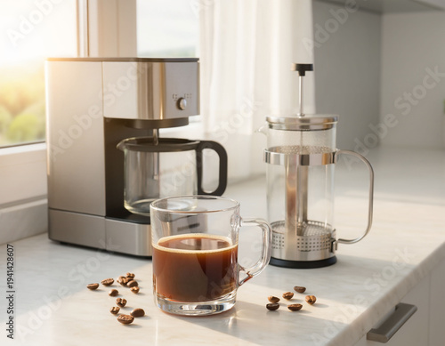 Home coffee brewing methods with drip coffee maker, moka pot and french press