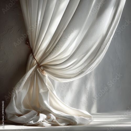 Elegant White Sheer Curtain with Natural Rope Tieback in Soft Light