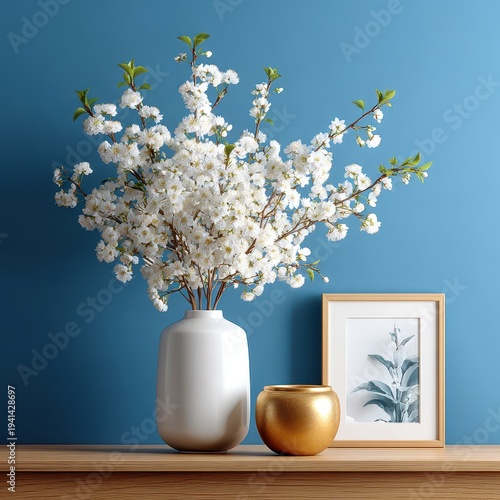 Elegant White Blossom Arrangement with Gold Accents on Wooden Table