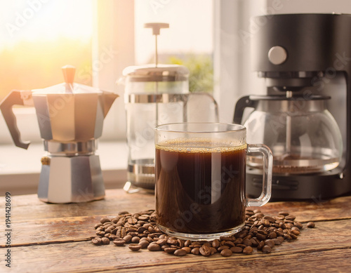 Home coffee brewing methods with drip coffee maker, moka pot and french press