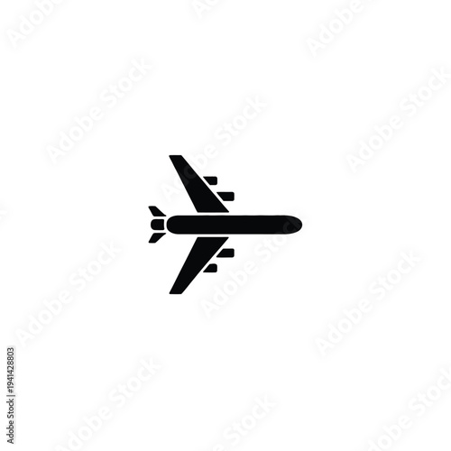 Black airplane with wings and tail on white background travel flight