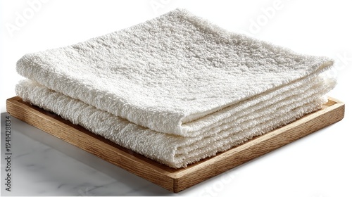 Stack of White Terry Cloth Towels on Wooden Tray, Isolated on White